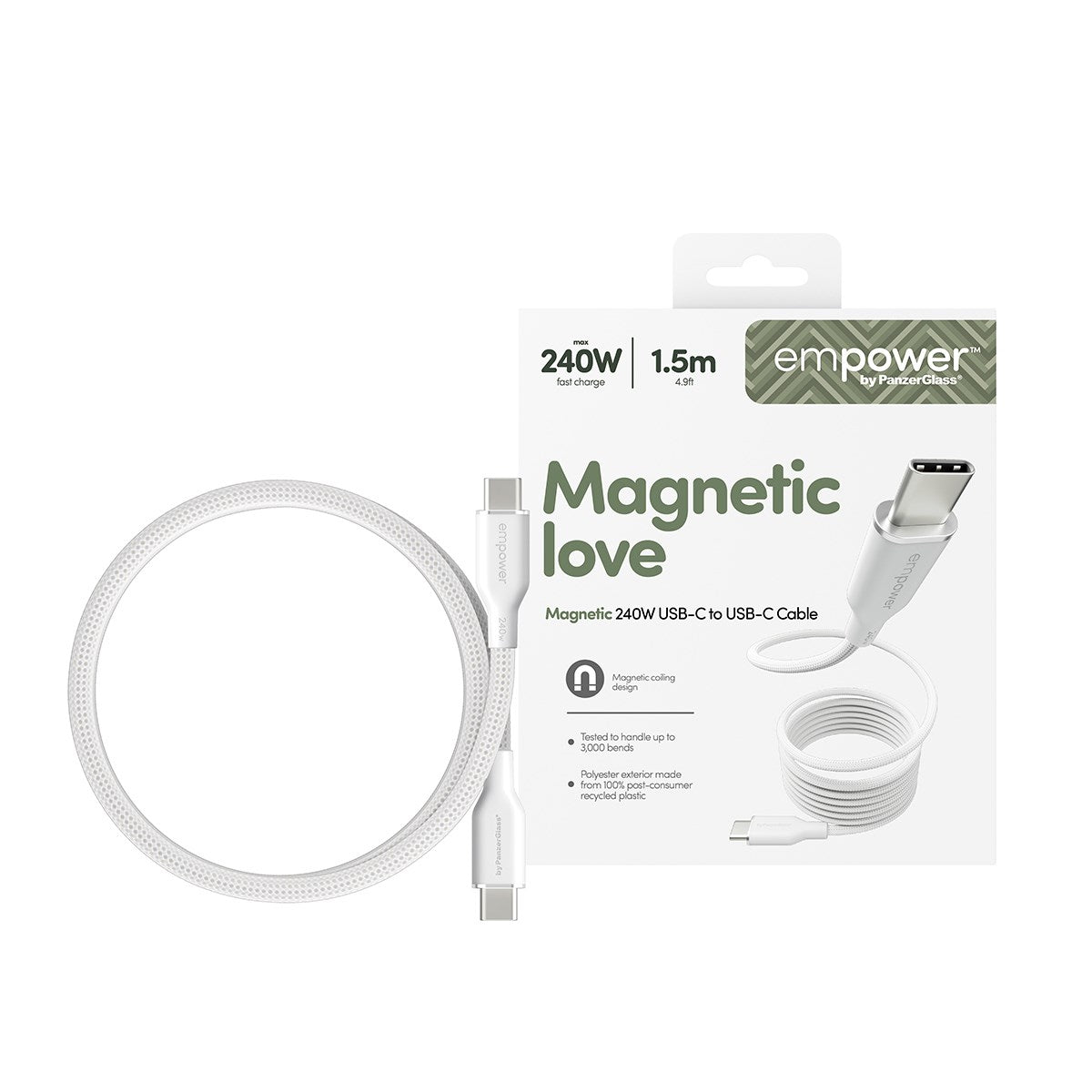 empower by PanzerGlass® Magnetic 240W USB-C to USB-C Kabel | USB 2.0 | 1.5M |Silber Weiss